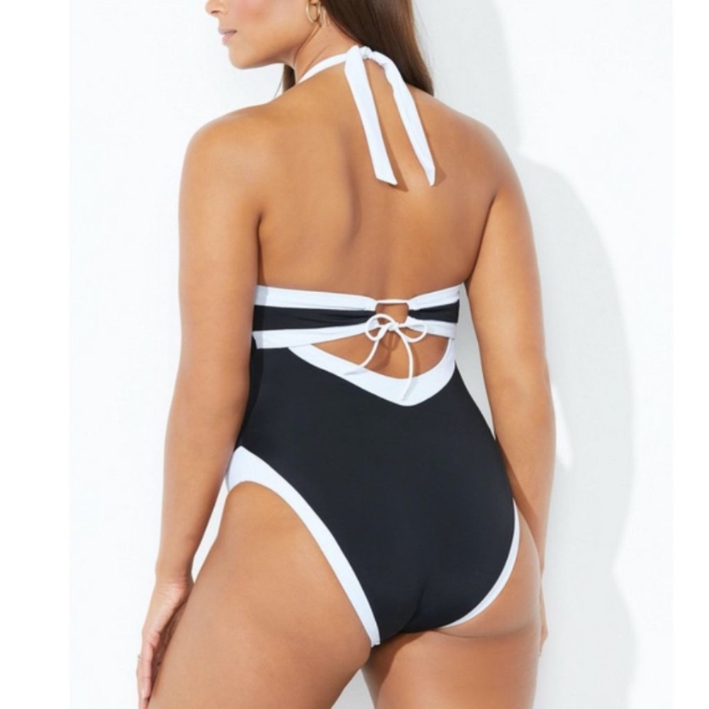 New Swimsuits For All Plunge halter Color block One Piece Cheeky Plus Size 18 - Picture 2 of 5